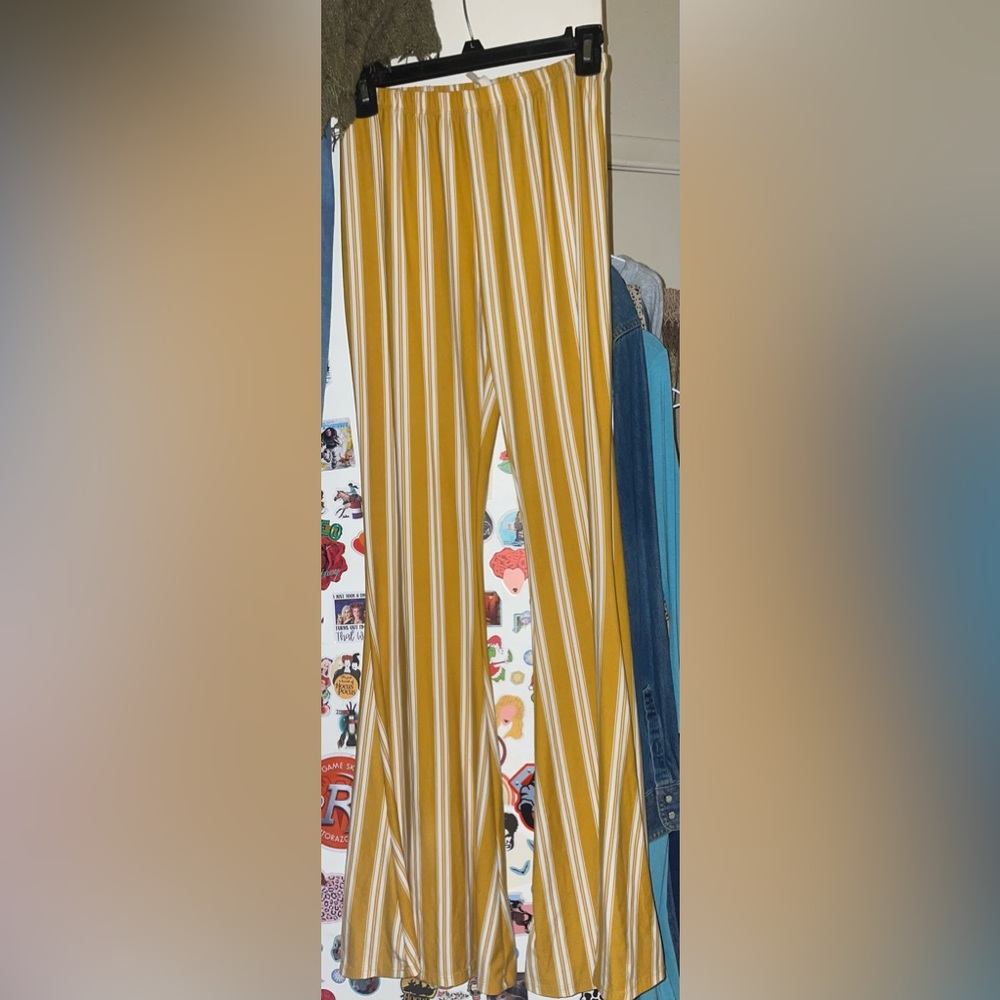 Women's Mustard Yellow Striped Wide-Leg Pants